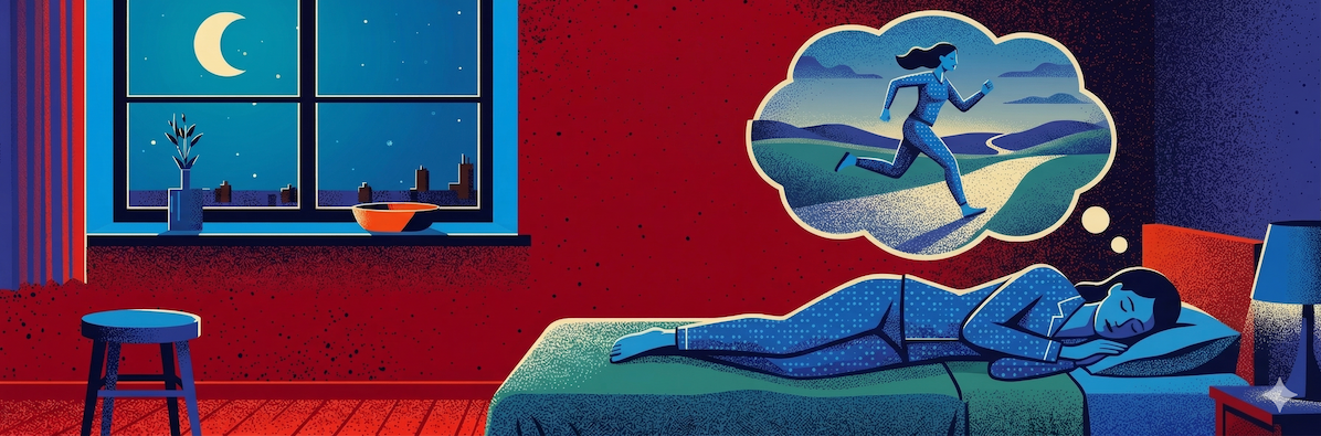 A woman sleeping on a bed, having a vivid dream about her running during the REM sleep stage.