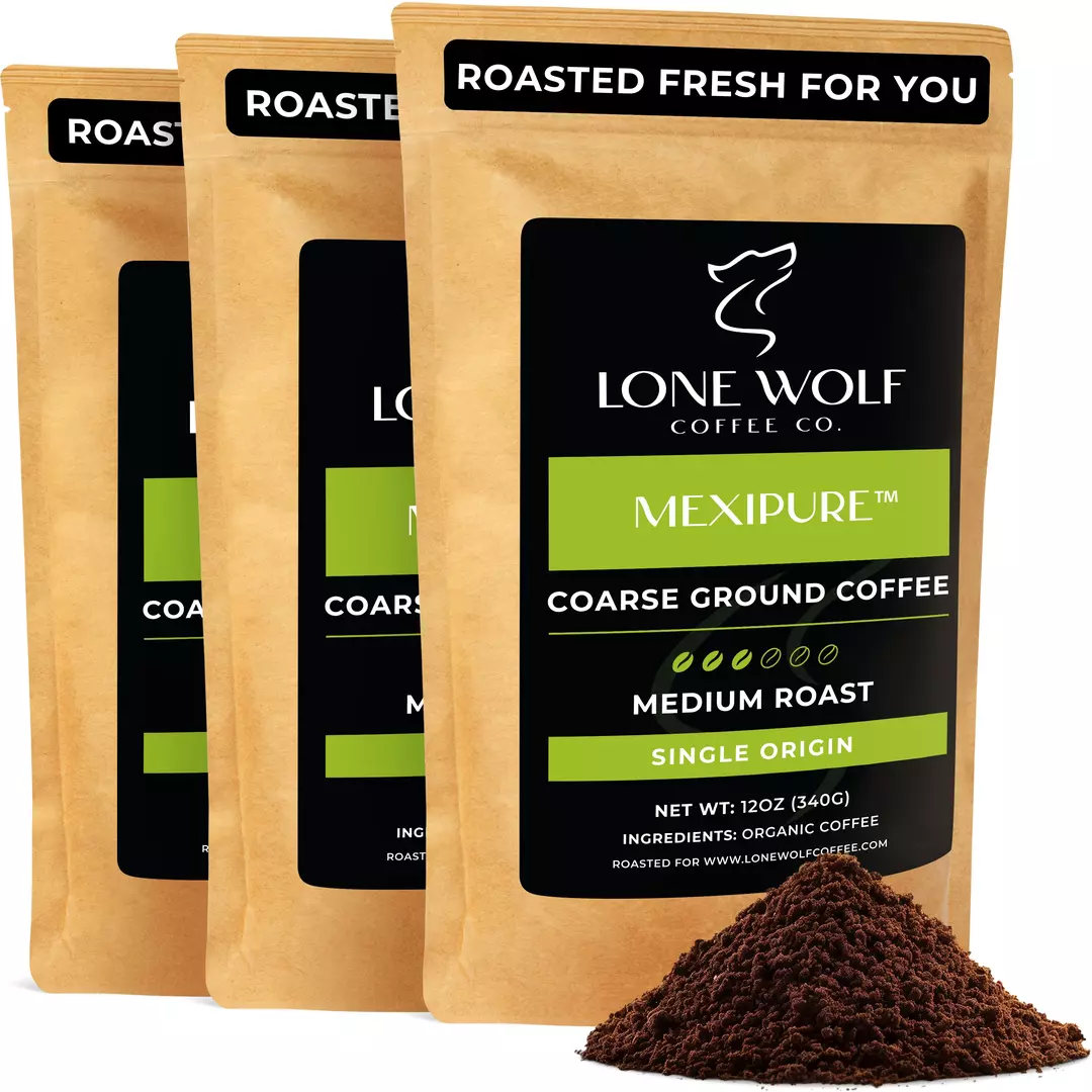 Three 12oz bags of Lone Wolf Coffee’s Mexipure Medium Roast Coarse Ground coffee bag product photo
