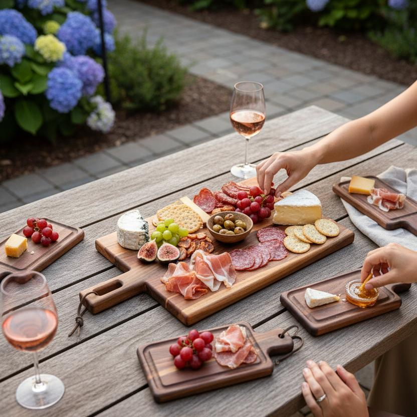 Live edge walnut charcuterie board used for outdoor entertaining with wine and shared appetizers