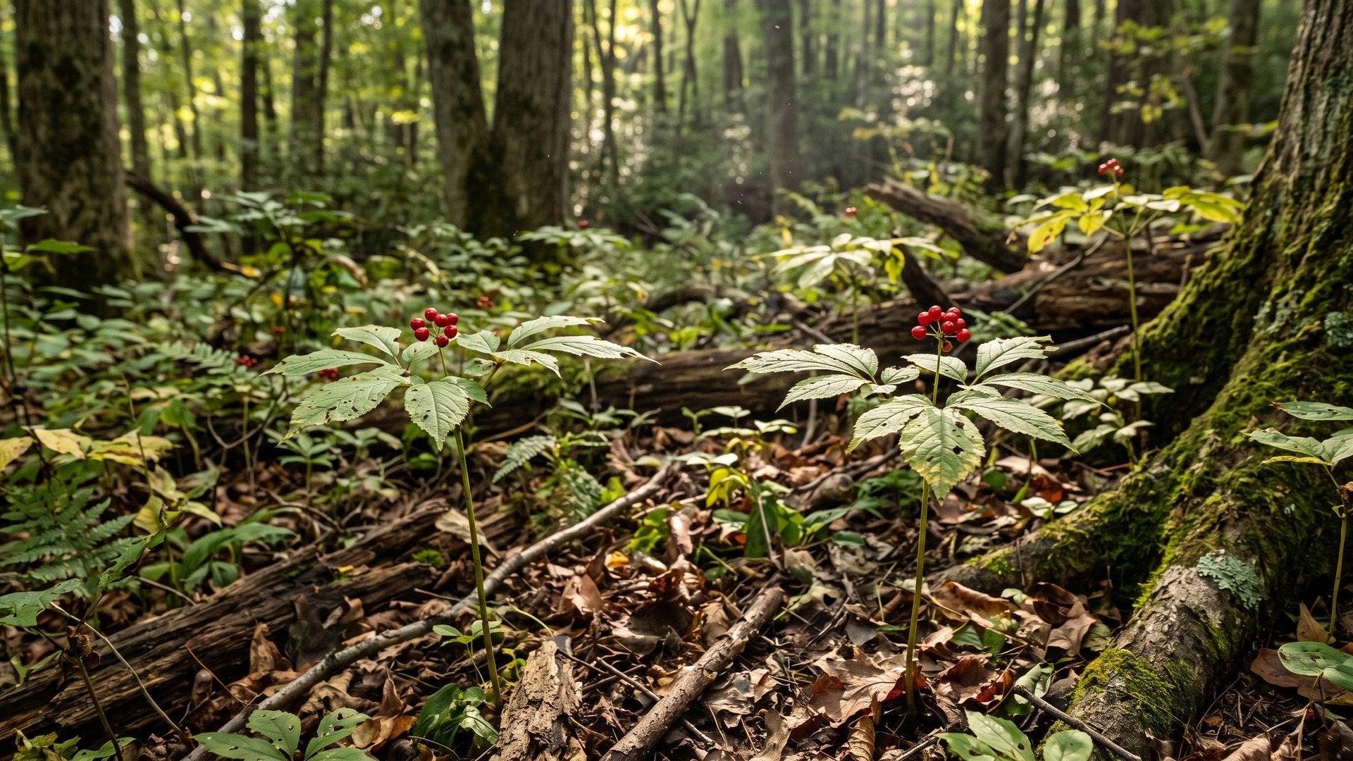 Ginseng plants with red berries growing under a hardwood forest canopy