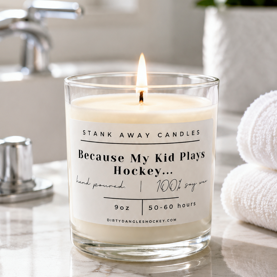 because my kid plays hockey white scented hockey candle in a bathroom setting