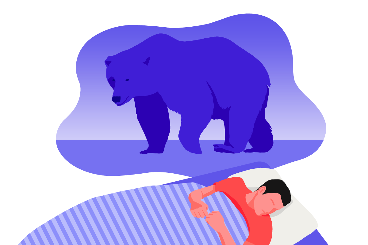 A man with a bear chronotype sleeping on a mattress. There is a bear above his head to represent his chronotype schedule.