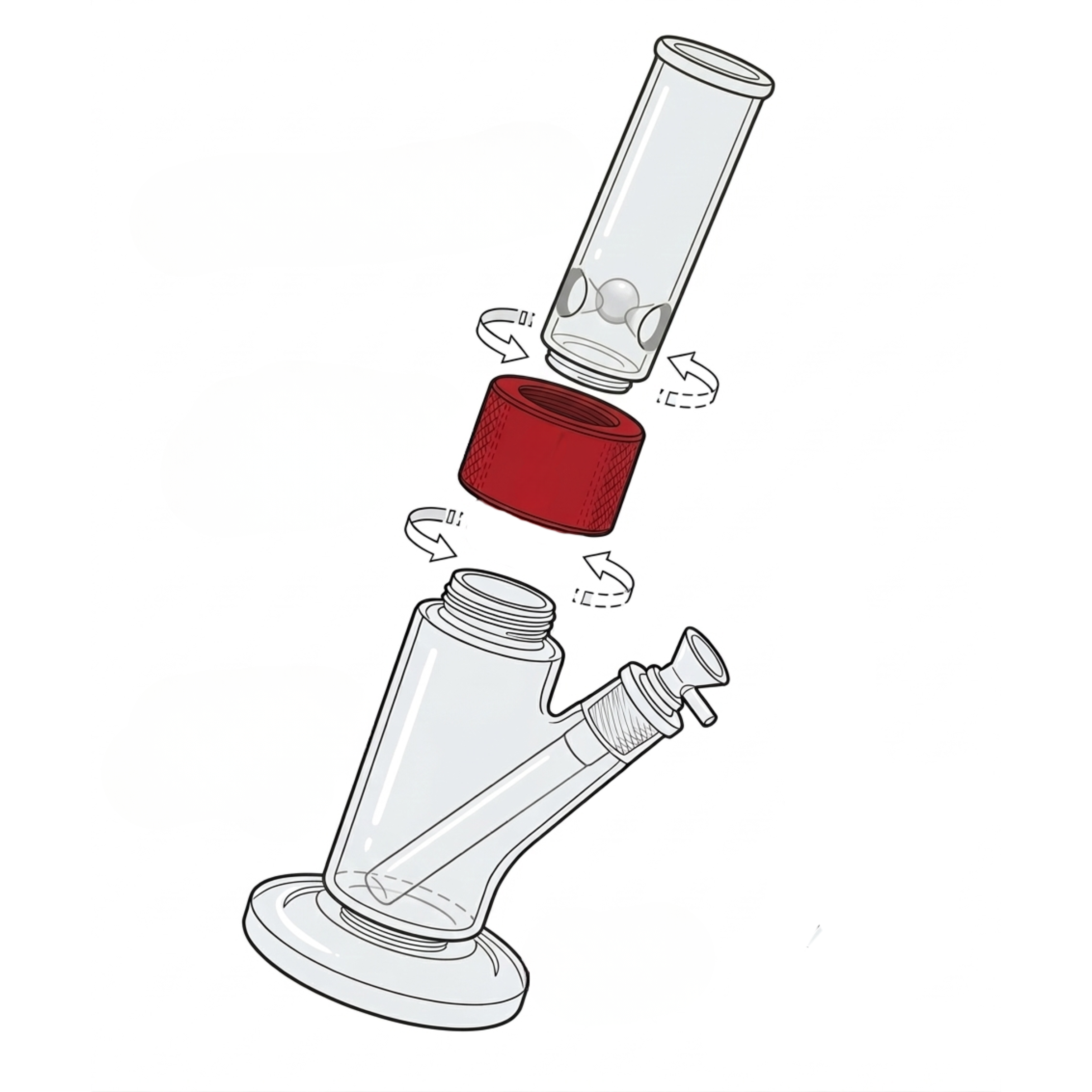 An exploded-view illustration of a Prism Modular Straight Tube bong, showing the mouthpiece, Halo Connectors, and base unassembled. The diagram uses arrows to demonstrate the simple twist-to-lock motion, highlighting how the threaded aluminum rings and silicone gaskets create a secure, airtight seal between glass components.