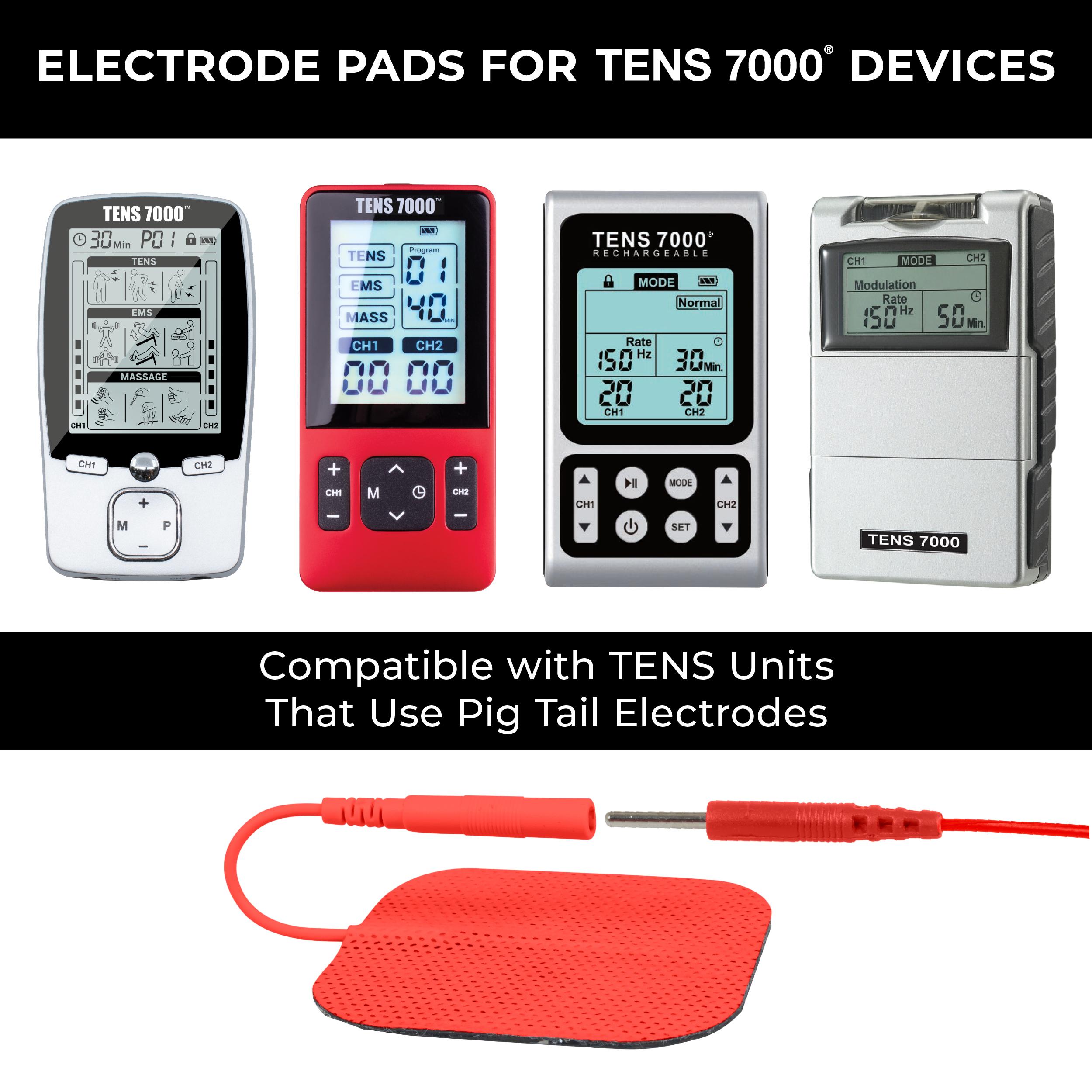 Image showing various TENS 7000® devices and a TENS unit electrode, emphasizing compatibility. States that these electrode pads are compatible with most TENS Units that use Pig Tail Electrodes for easy replacement.