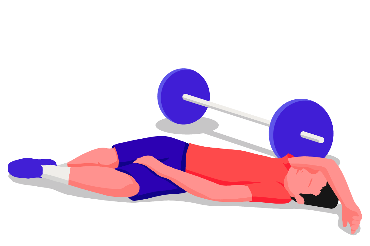 A man lying on the floor, taking a nap after workout with a barbell beside him.