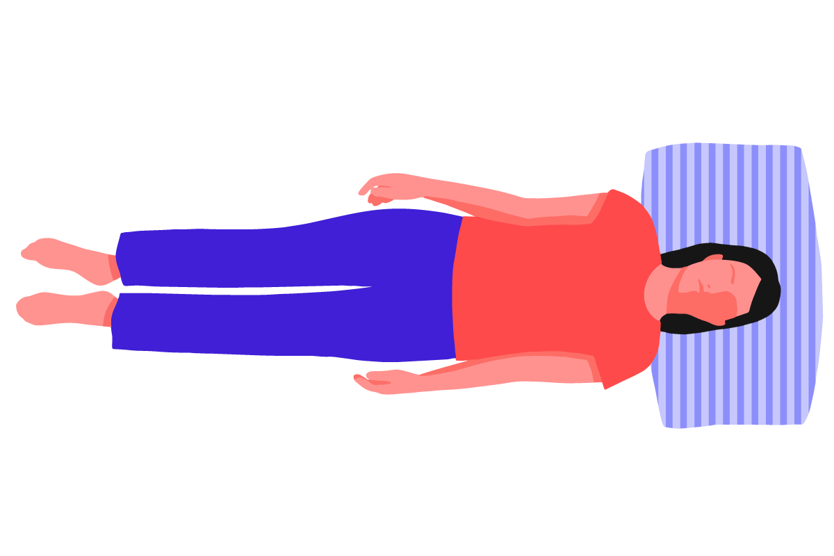 A woman in a supine sleep position, lying down in bed.