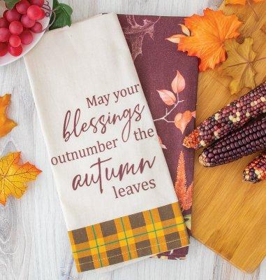 hand towel with yellow and brown plaid: May your blessings outnumber the autumn leaves
