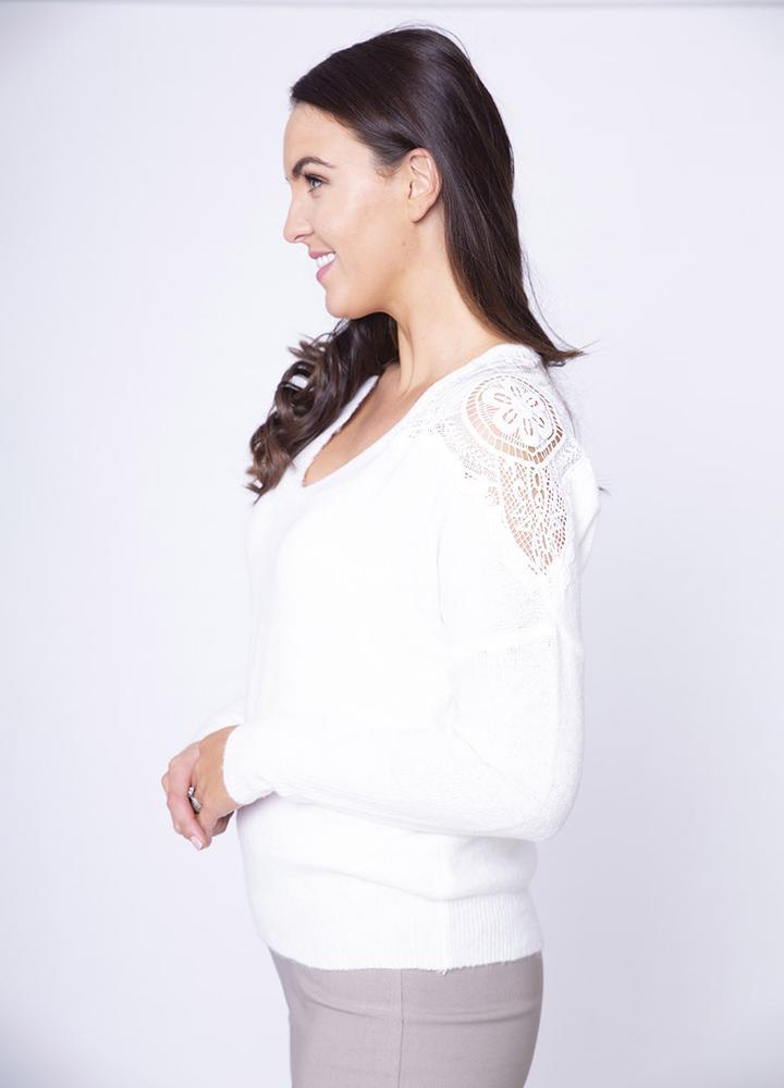 Lace Shoulder V Neck Jumper in White
