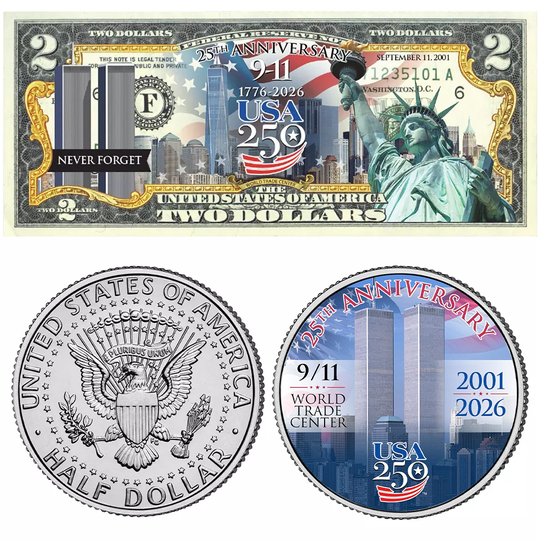 9/11 25th Anniversary $2 Bill + FREE Matching Half Dollar Coin