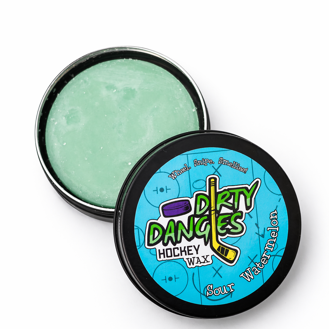 Dirty Dangles Hockey Wax in Sour Watermelon scent with the lid off, shown on a white background.