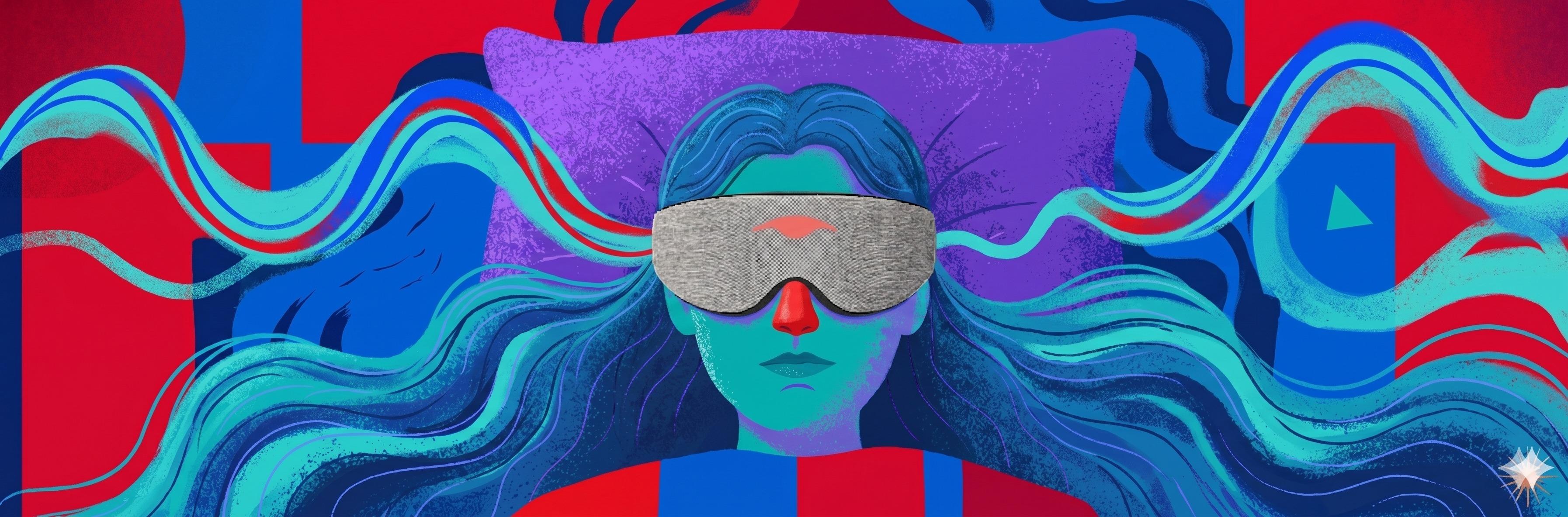 Figure deeply asleep in a Manta Sleep Mask, hair flowing across a bold red-purple background — illustration for how much deep sleep you need.