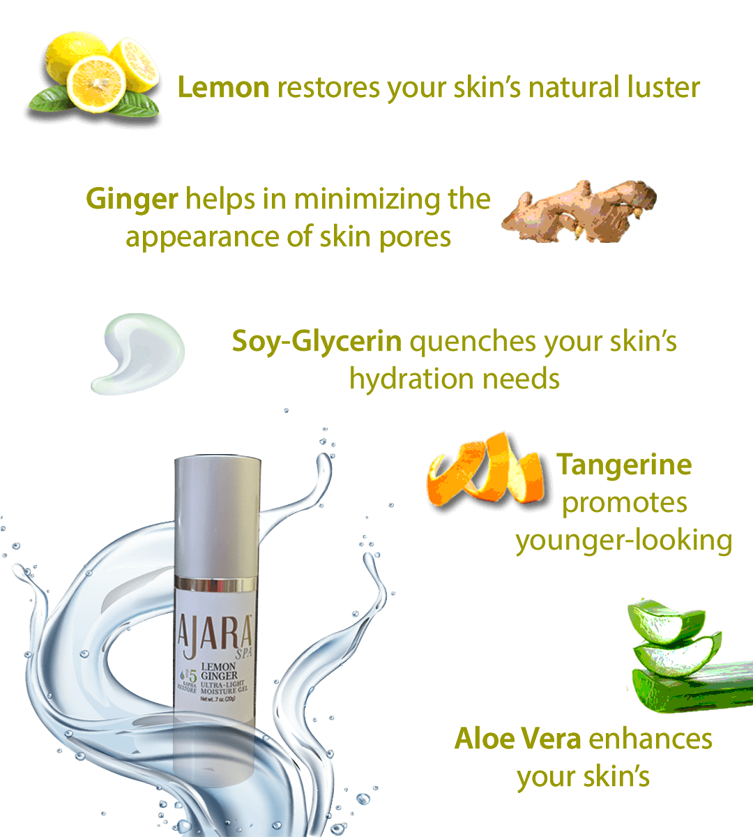 Ajara's Lemon Ginger Gel Based Moisturizer- BENEFITS , Lemon, Ginger, Aloe Vera, Tangerine