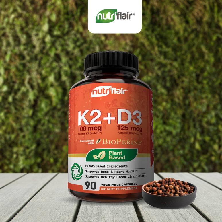 Vitamin K2 With D3 IU Bioperine Black Pepper Capsules From NutriFlair