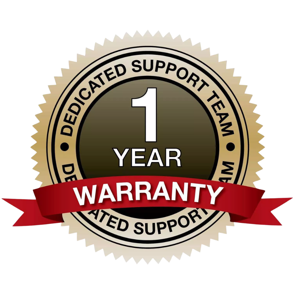 A gold and red badge with text, "1 Year Warranty. Dedicated Support Team"