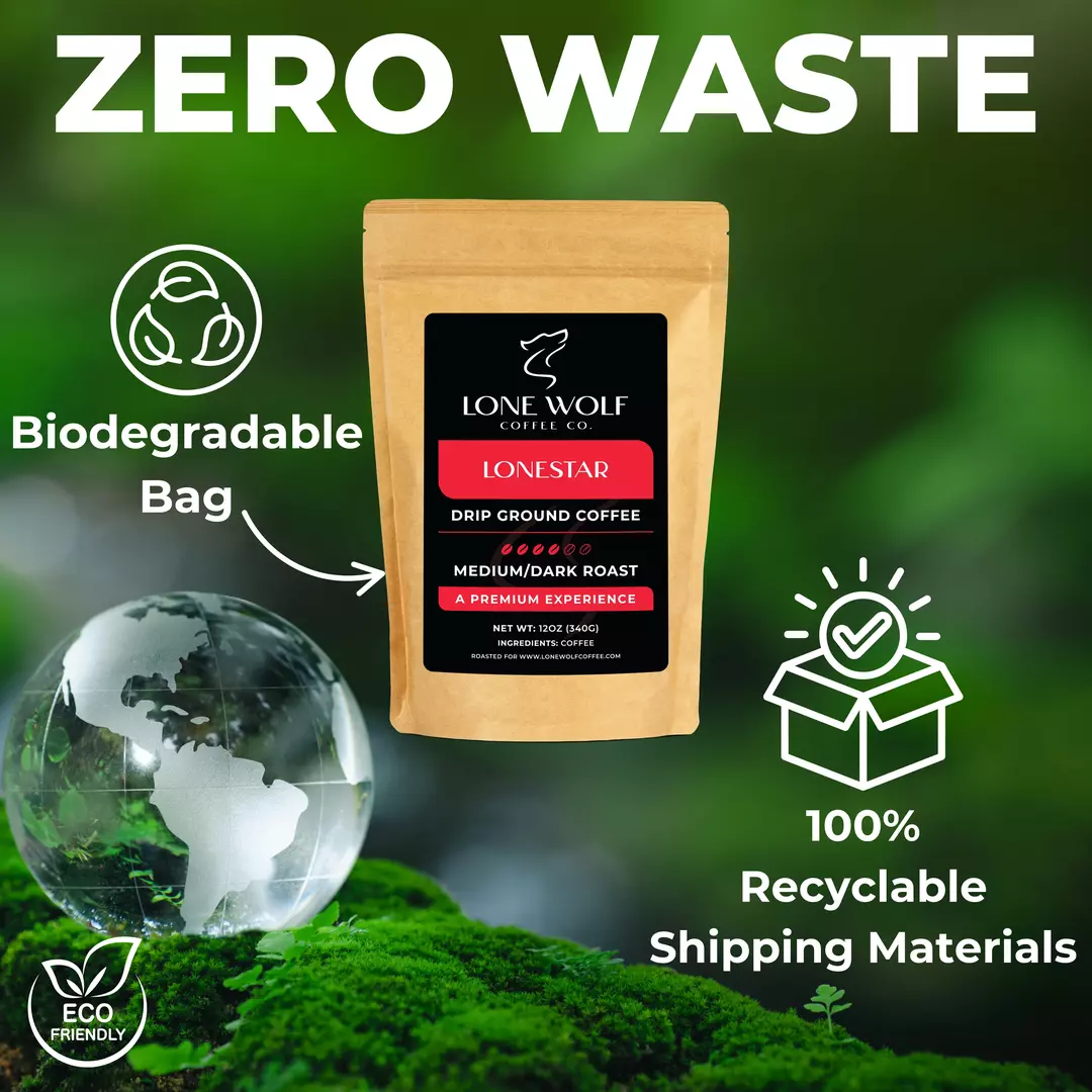 Lone Wolf Coffee Lonestar Drip Ground bag shown with biodegradable packaging and 100% recyclable shipping materials in an eco-friendly setting.
