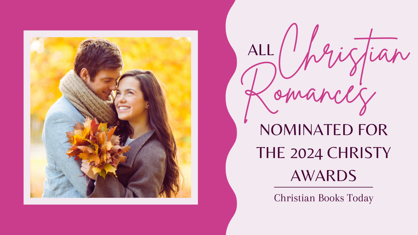 All Christian romances nominated for the 2024 Christy awards with image of a smiling couple with fall leaves