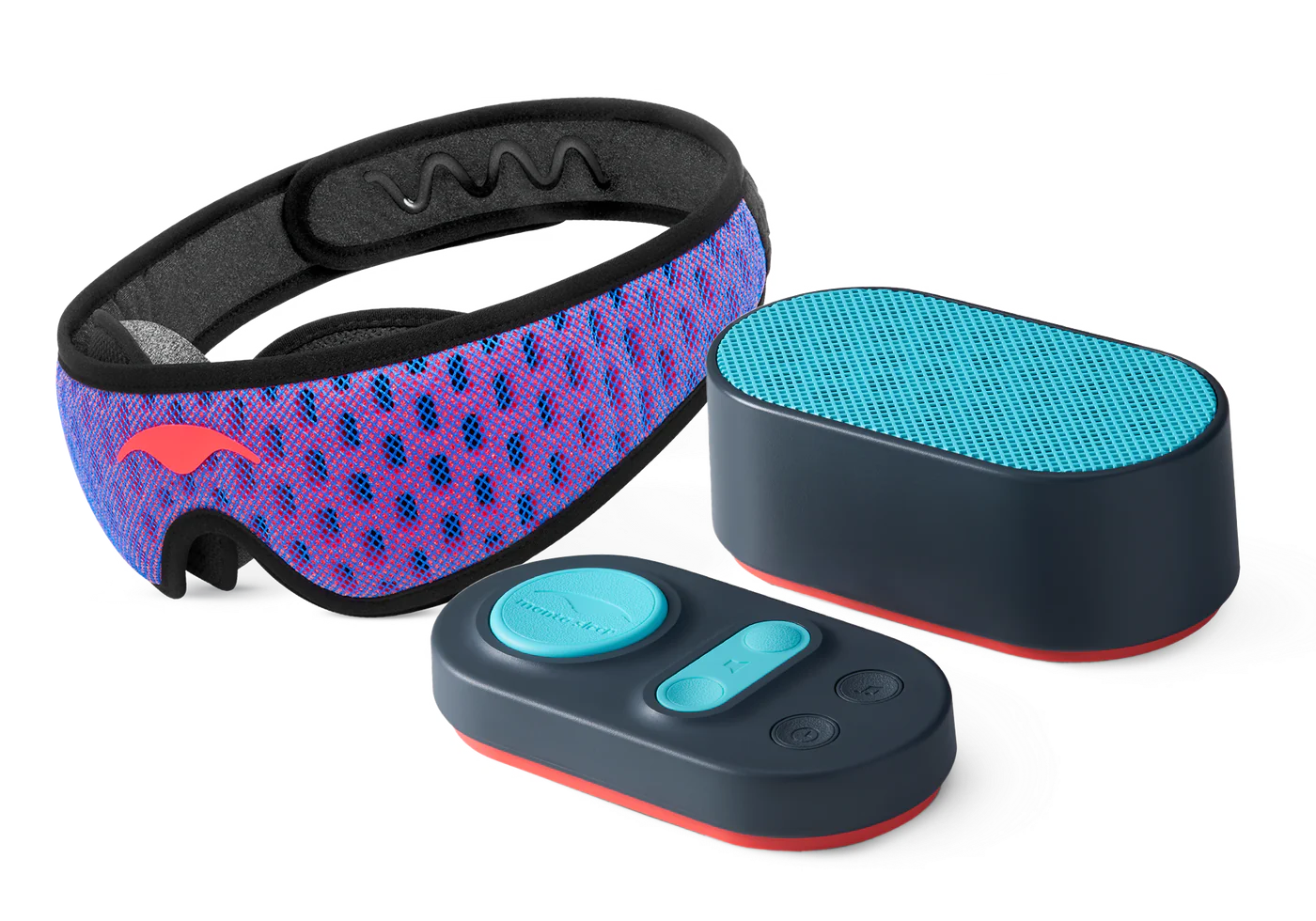 A mesh sleep mask, white noise machine speaker, and control pad.