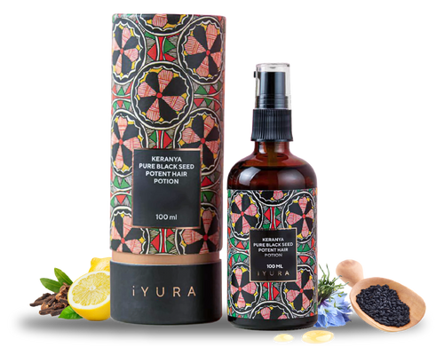 Banner promozionale della Pozione per Capelli Keranya di iYURA: un trattamento ayurvedico intensamente nutriente per capelli secchi e invecchiati. Il prodotto è presentato accanto alla confezione colorata, insieme agli ingredienti naturali come limone e semi neri. Testo evidenzia che non macchia, non tinge, è adatto a tutti i tipi e colori di capelli.