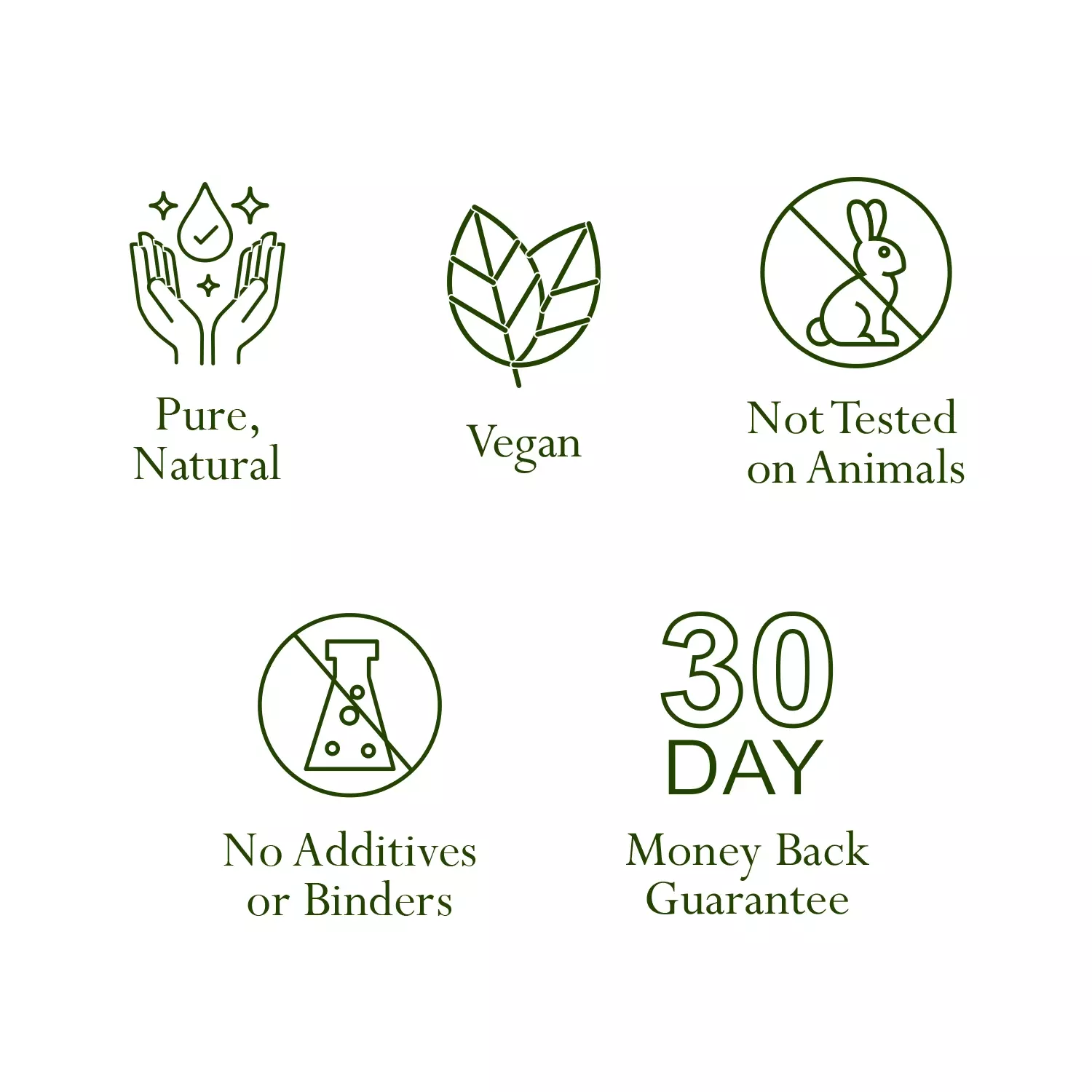 Pure & Natural, Vegan, Not tested on Animals, No additives or Binders, 30 day money back gurantee mob 3
