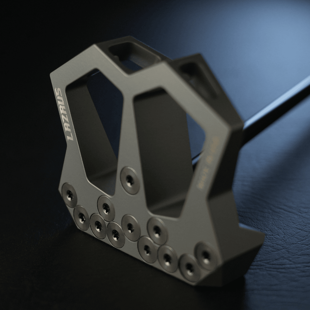 Lazrus LAZ3 zero torque mallet putter in Red finish showing The club from the front with the guideline and milled face