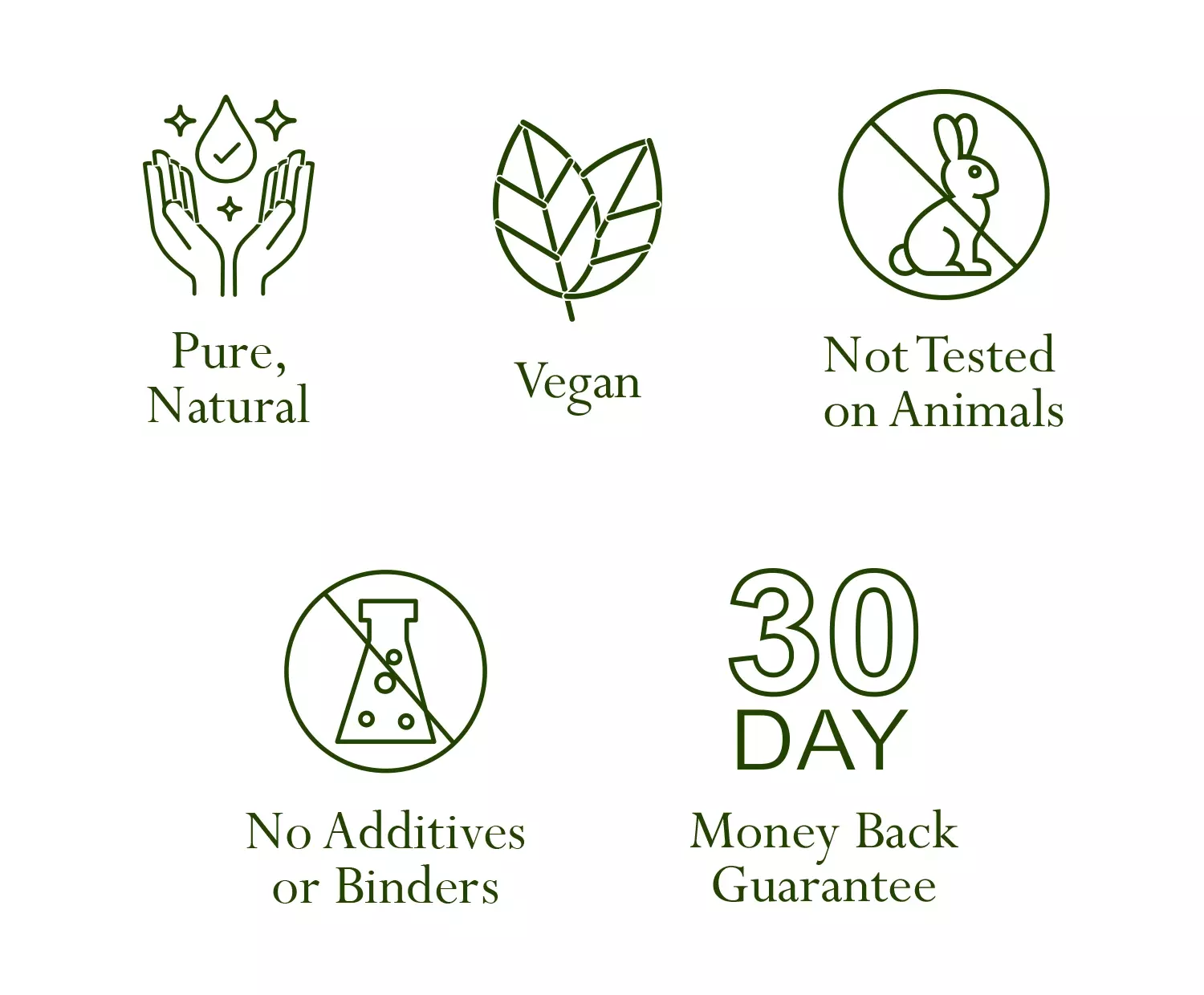 Pure & Natural, Vegan, Not tested on Animals, No additives or Binders, 30 day money back gurantee mob 1