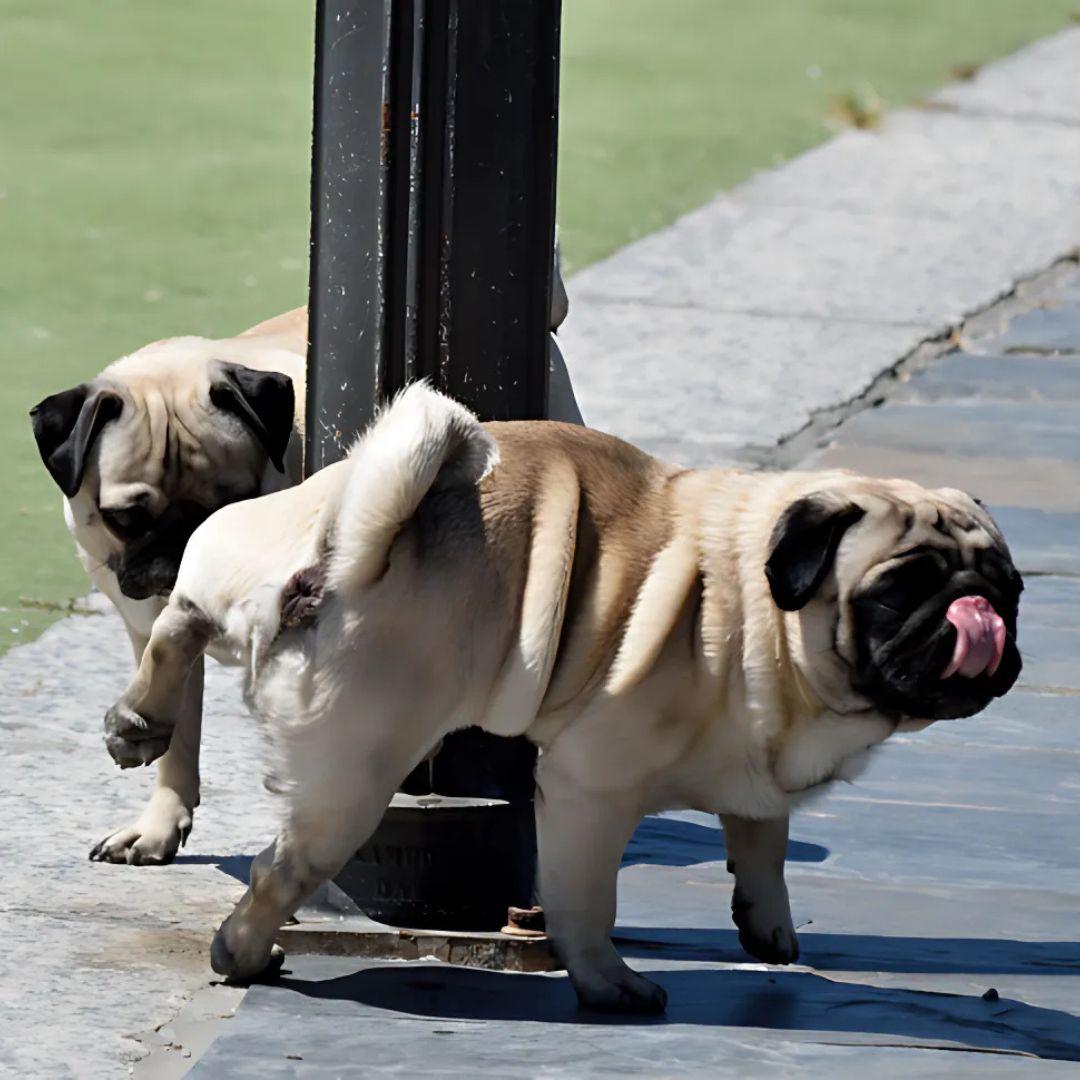 puppy is peeing on another dog