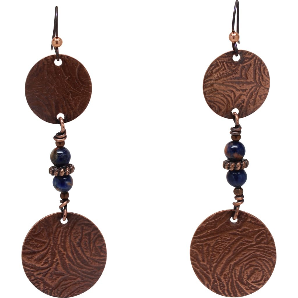 Etched Copper Long Dangle Earrings with Lapis Lazuli accents by Junebug Jewelry Designs