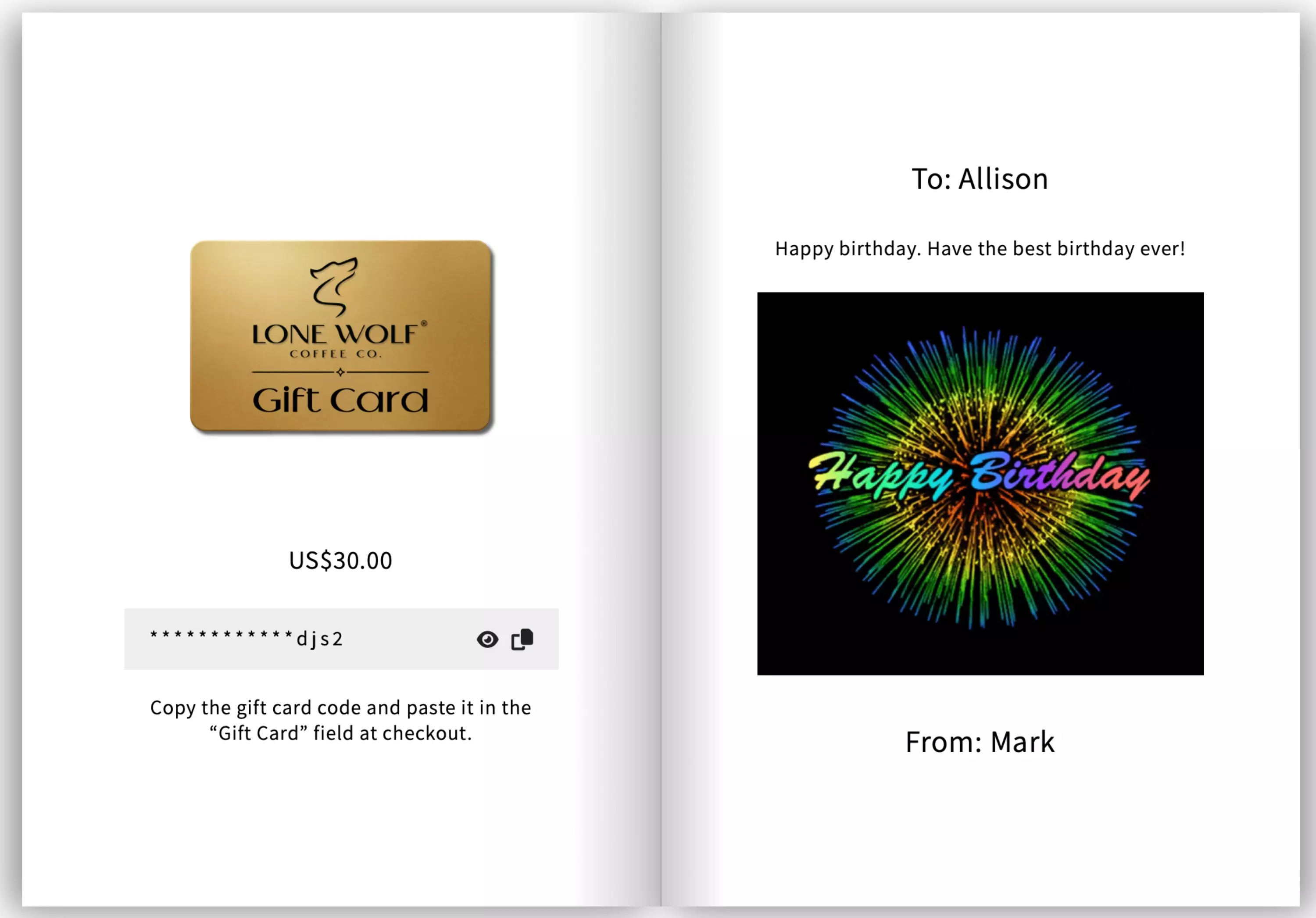 Lone Wolf Coffee digital gift card preview showing a birthday greeting GIF, personal message, and $30 gift card code.