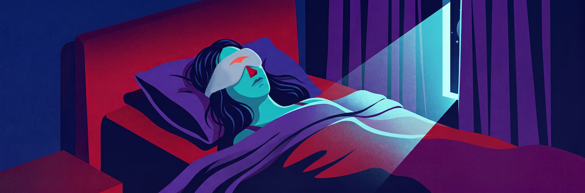 Woman asleep in a dark bedroom wearing a Manta Sleep Mask — perimenopause waking up at 3am.
