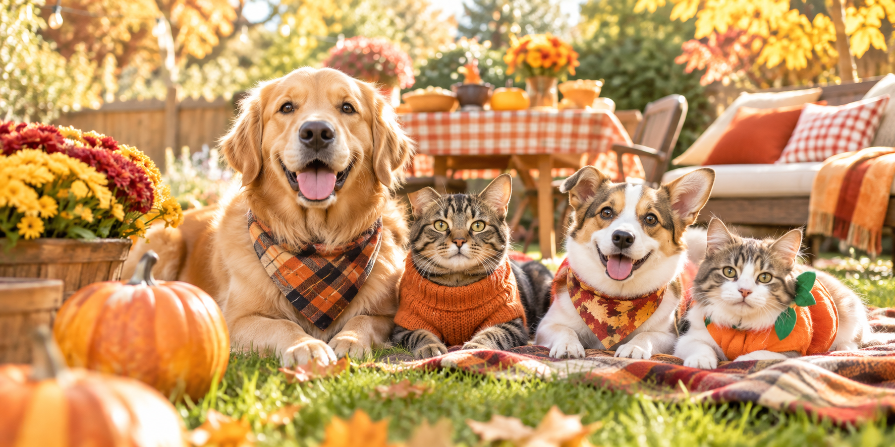 A group of happy dogs and cats enjoying a cozy autumn backyard party surrounded by fall leaves and pumpkins.