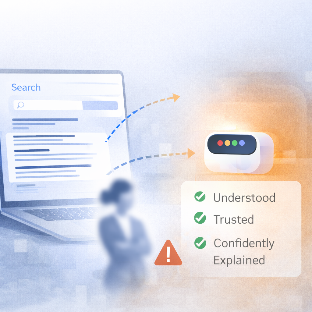 Illustration showing the shift from traditional search results on a laptop to AI-generated recommendations, with visual cues representing trust, clarity, and decision-making in modern digital discovery.