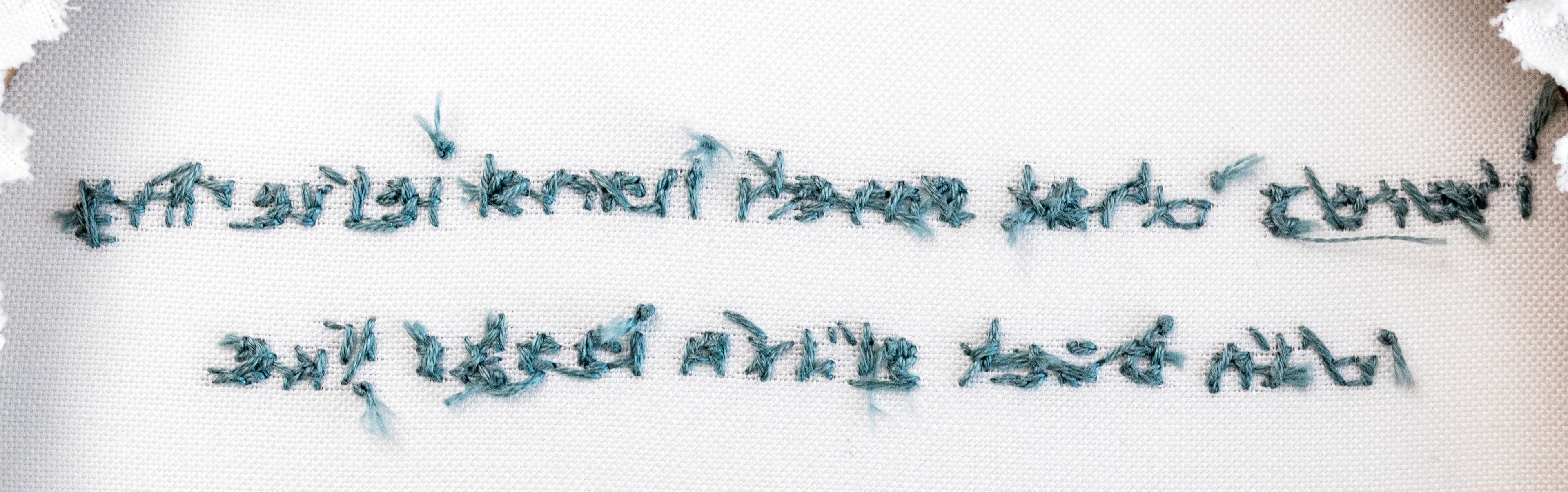 This is the back of a sentence stitched with modern embroidery lettering.