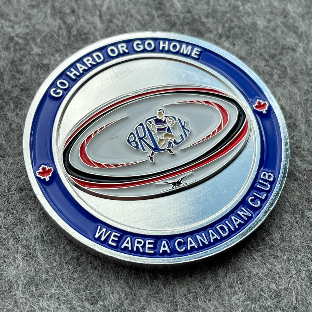 custom made challenge coin with colorful print with a running man and sign