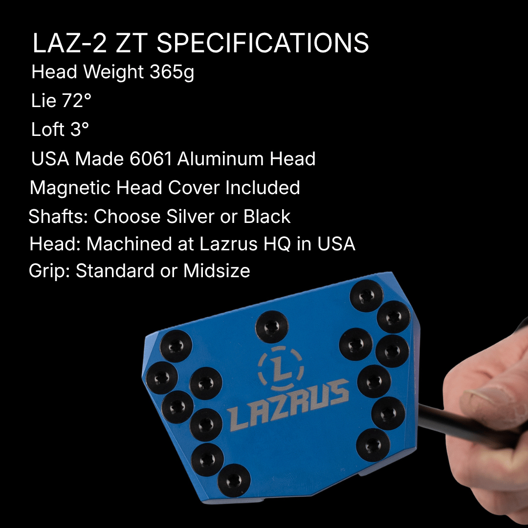 Specifications chart for Lazrus LAZ2 zero torque mallet putter including loft, lie, length and head weight