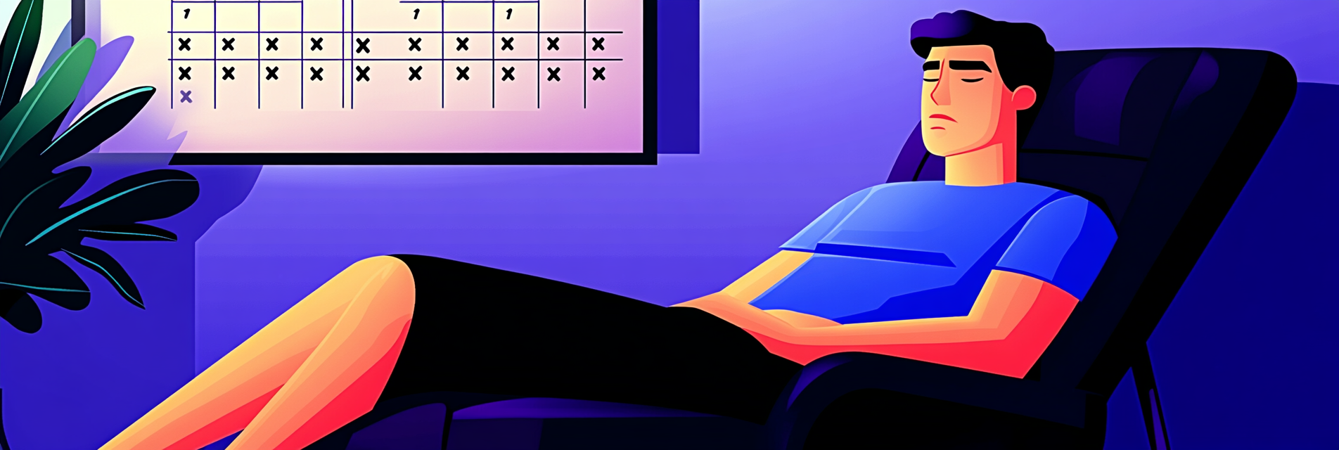 A man sitting on a couch. There is a calendar on the wall marking the number of days he has gone without sleep.