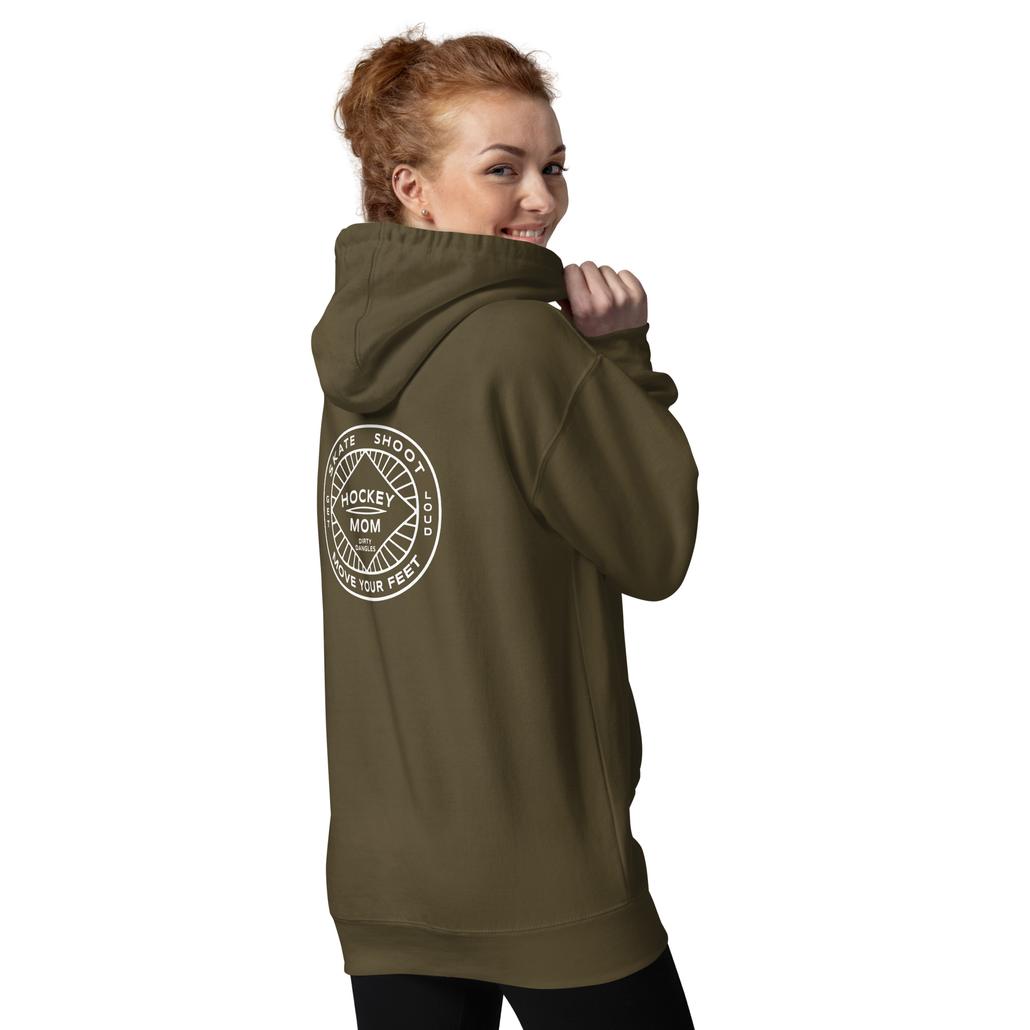 A hockey mom in a green hoodie. Hockey mom insignia