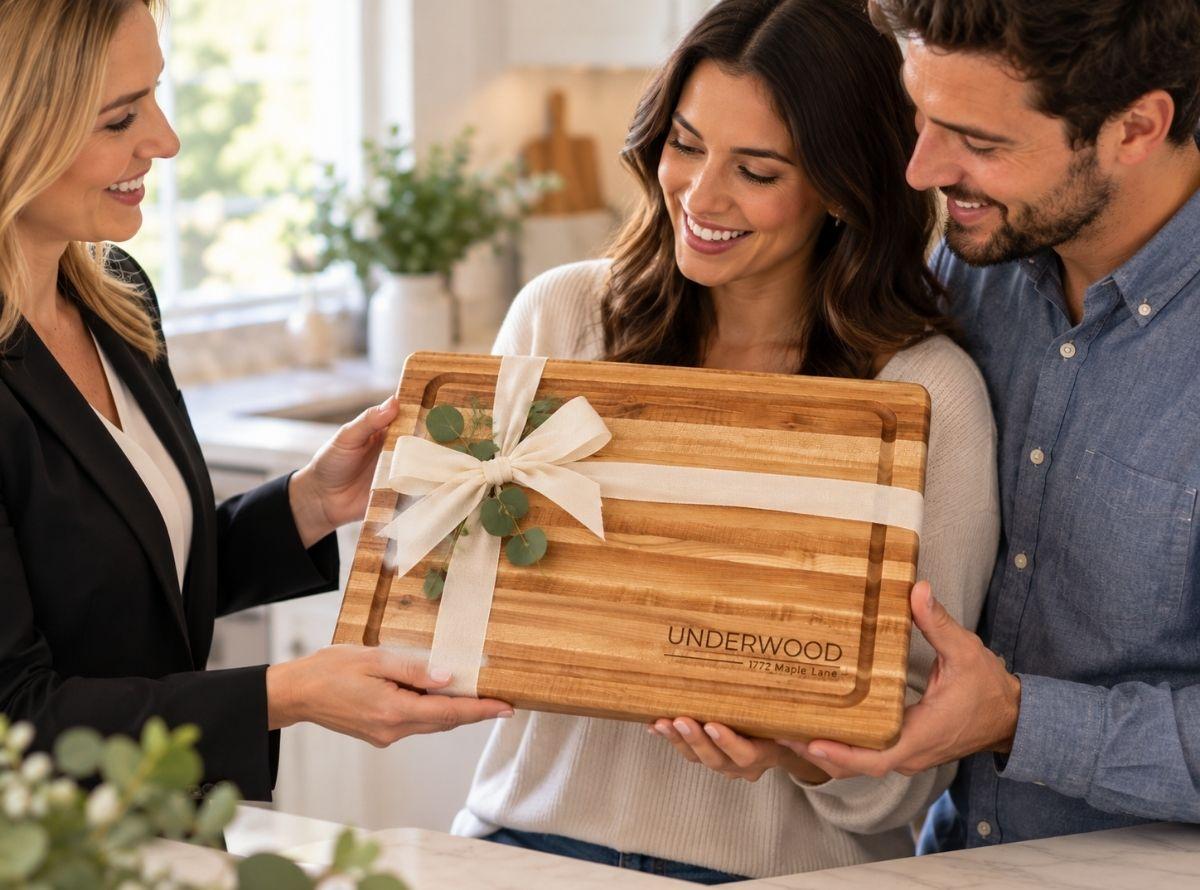 Personalized maple cutting board engraved with UNDERWOOD and the address beneath, presented as a meaningful realtor closing gift for the new homeowners. The large 18 x 12 inch handcrafted wood board features warm natural maple grain, a routed juice groove and custom script engraving. A thoughtful personalized closing or housewarming gift designed for everyday use and lasting memories.