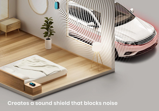 A bedroom with a white noise machine on the wall and a car outside.