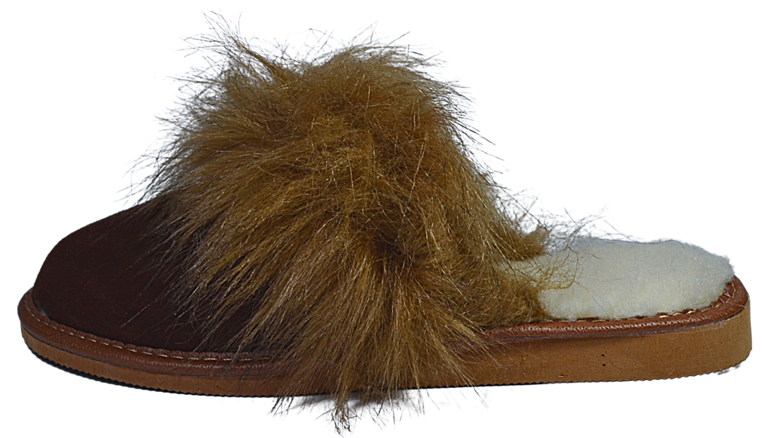Veronica - Women fur collar bedroom slippers - Reindeer Leather