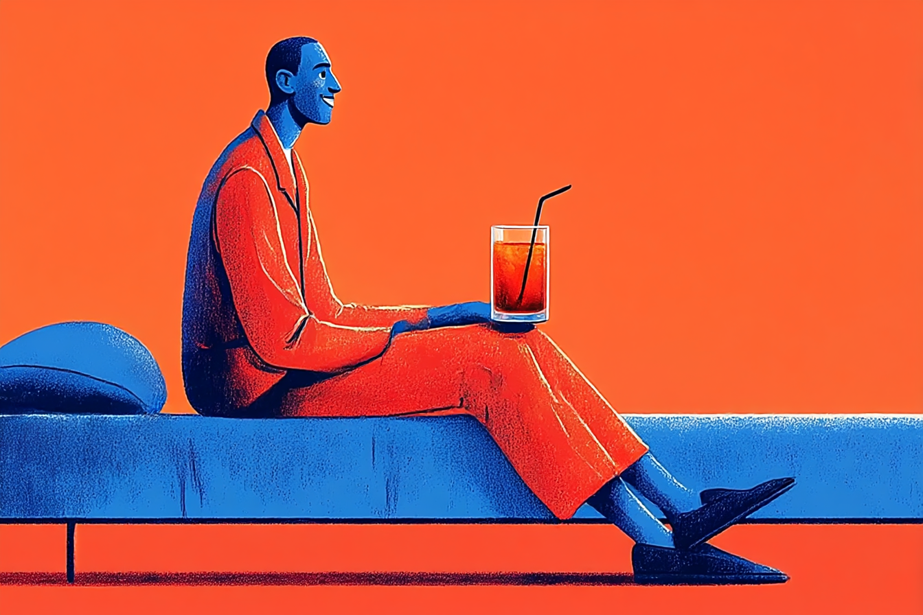 A man sitting on his bed about to drink a protein shake before bed.