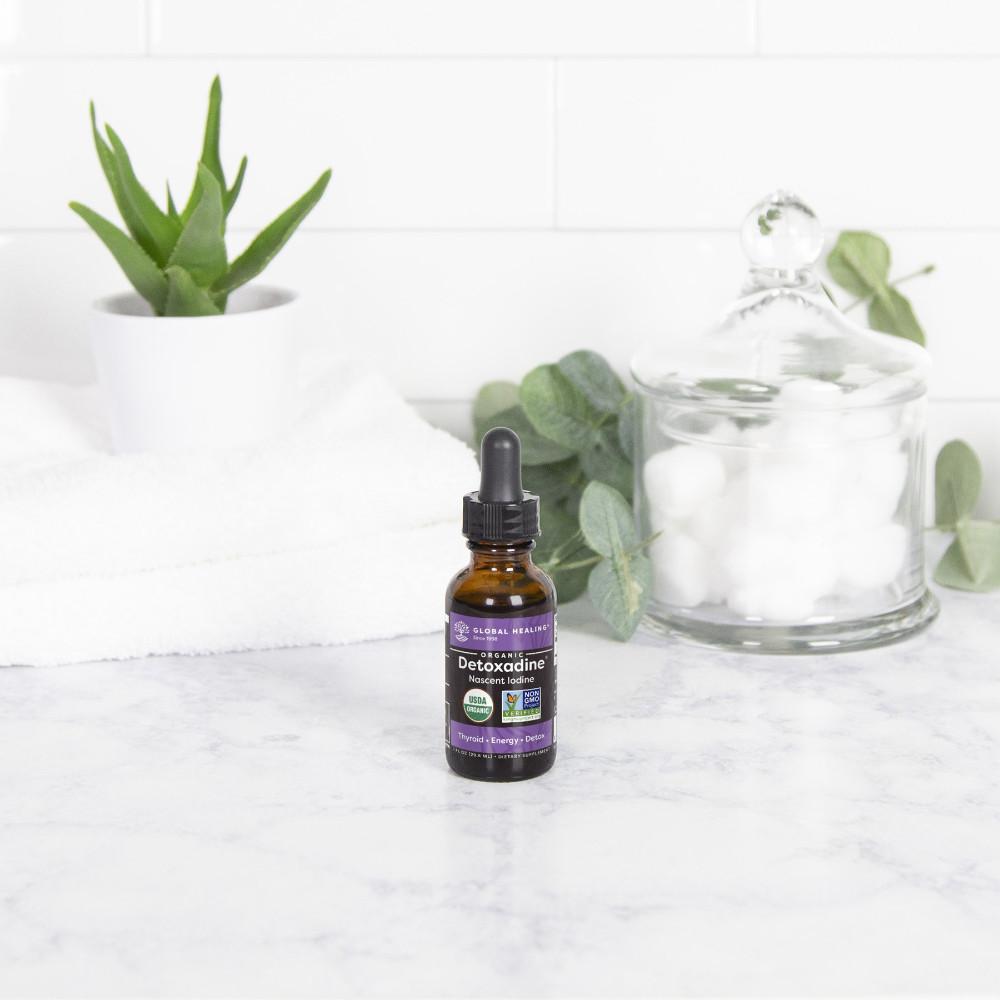 Global Healing Organic Detoxadine Nascent Iodine 1fl oz Bottle on worktop