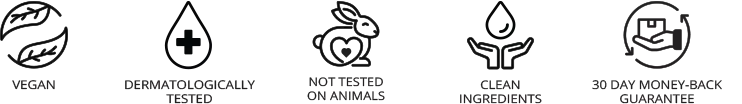 icons 1dermatologically tested | no added parabens |vegan| not tested on animals | 30 day money back guarantee | free shipping