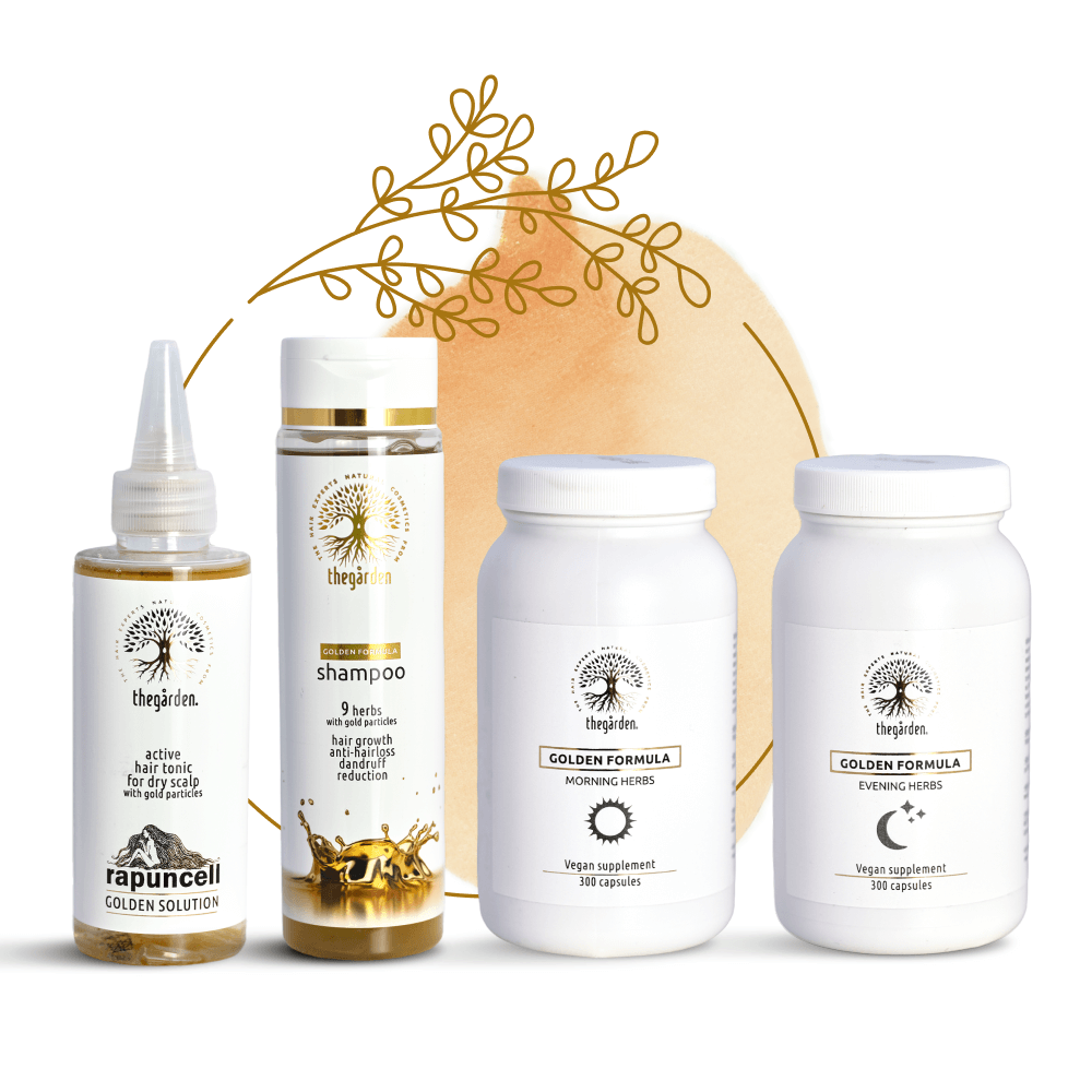 Zvýhodnený GOLDEN Herbs Trio balíček -vlasové tonikum, šampón a bylinná zmes pre mastnú pokožku