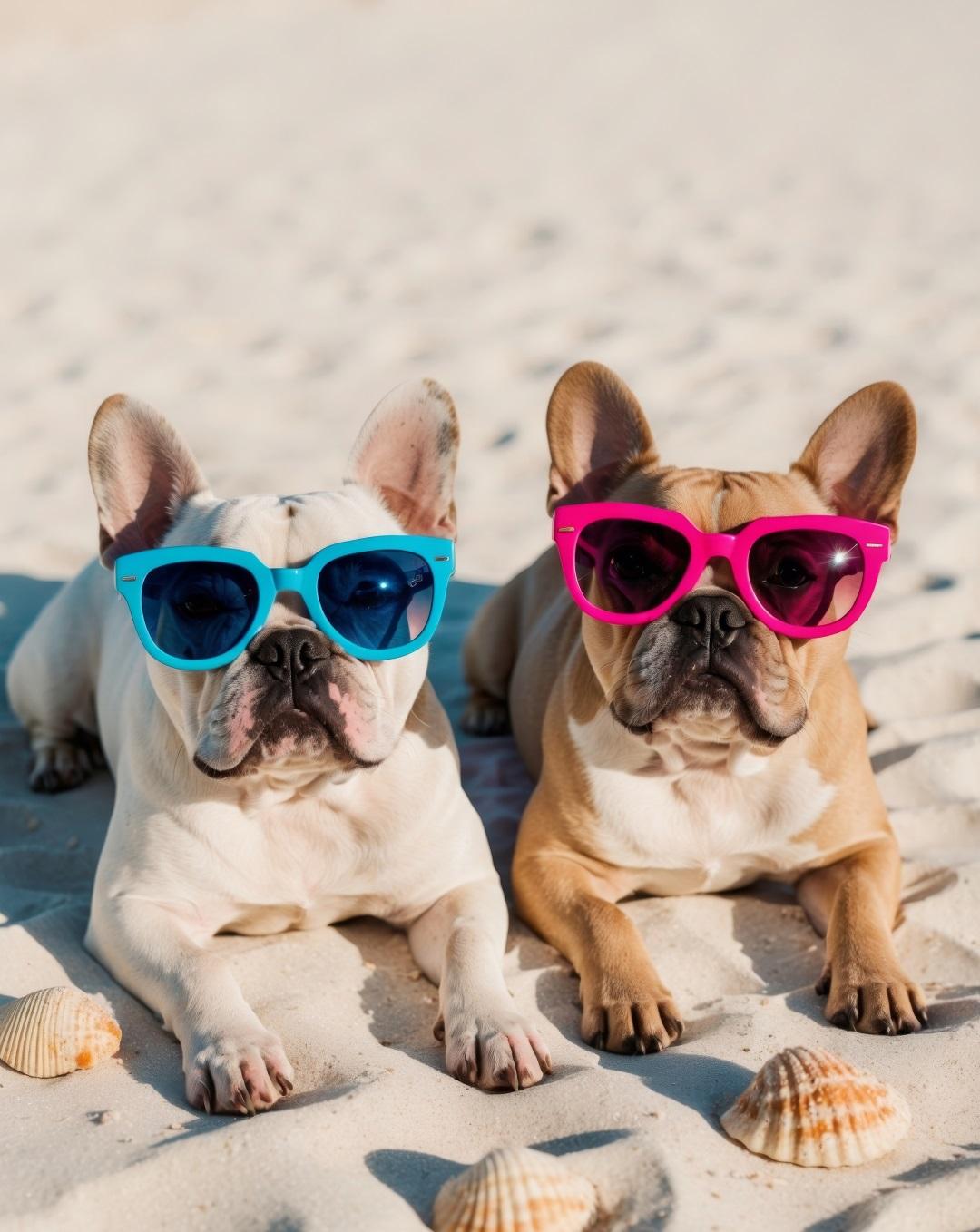 Two French Bulldogs are wearing sunglasses on the beach