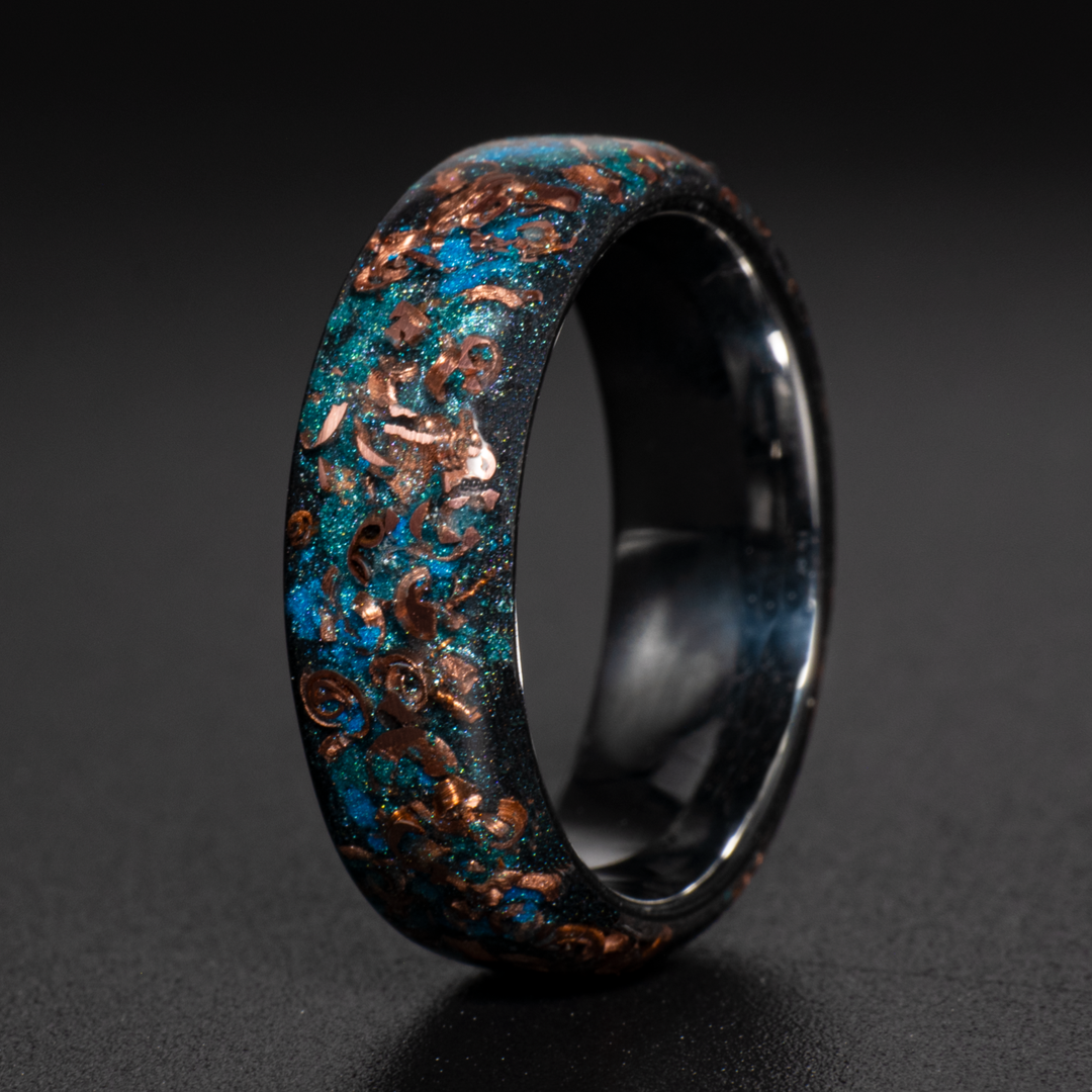 Copper shavings mens wedding ring.