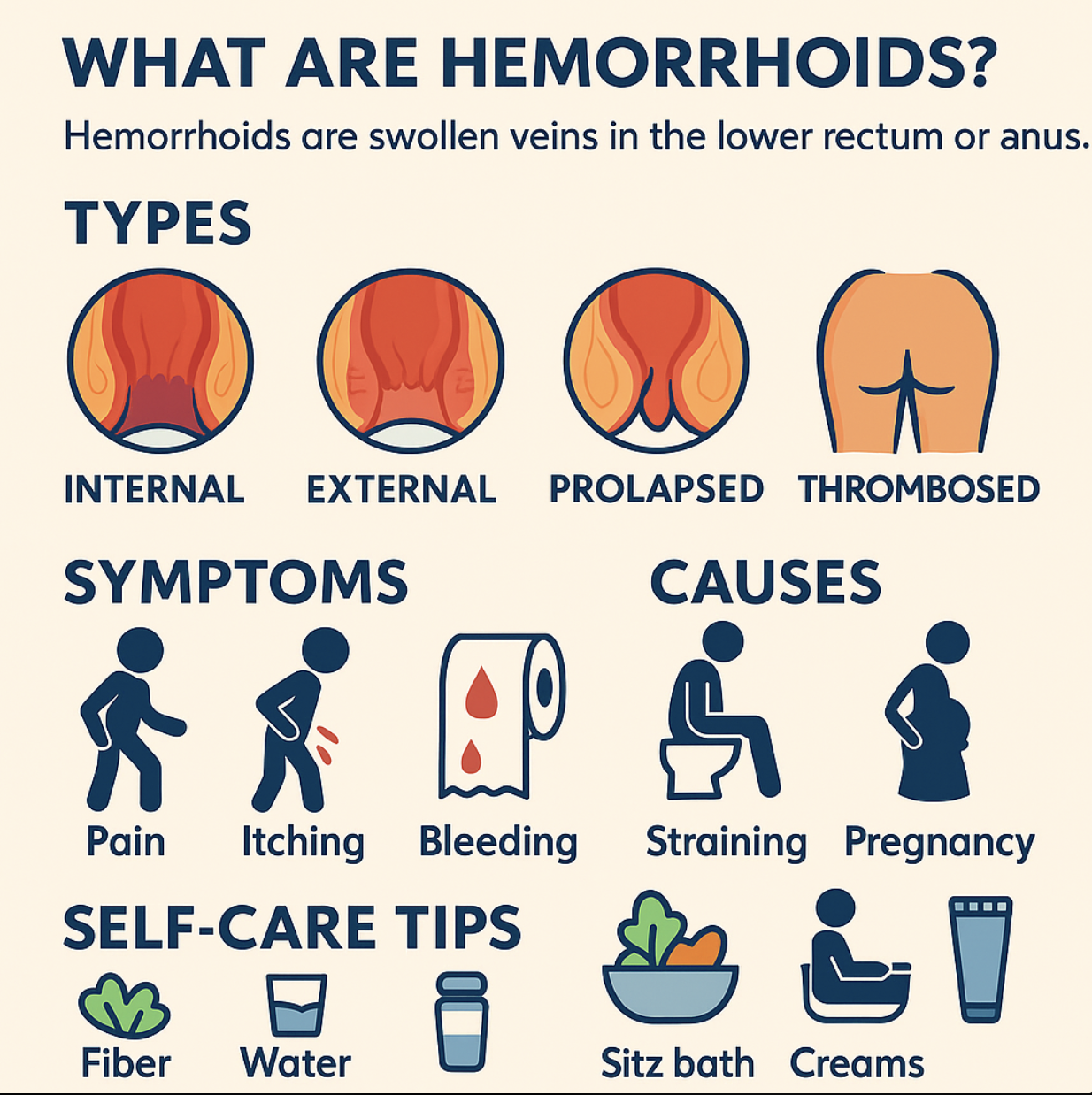 Hemorrhoid infographic: types, symptoms, self-care.