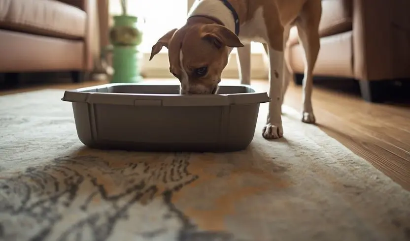 a dog eating cat litter