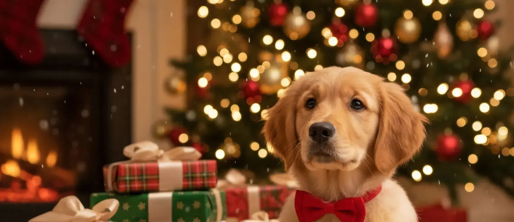 A golden retriever puppy sits in front of colorful Christmas presents, with a wooden ornament nearby.