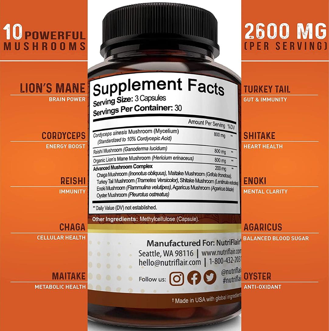 10 Mushroom Complex Supplement 2600 mg - 90 Capsules