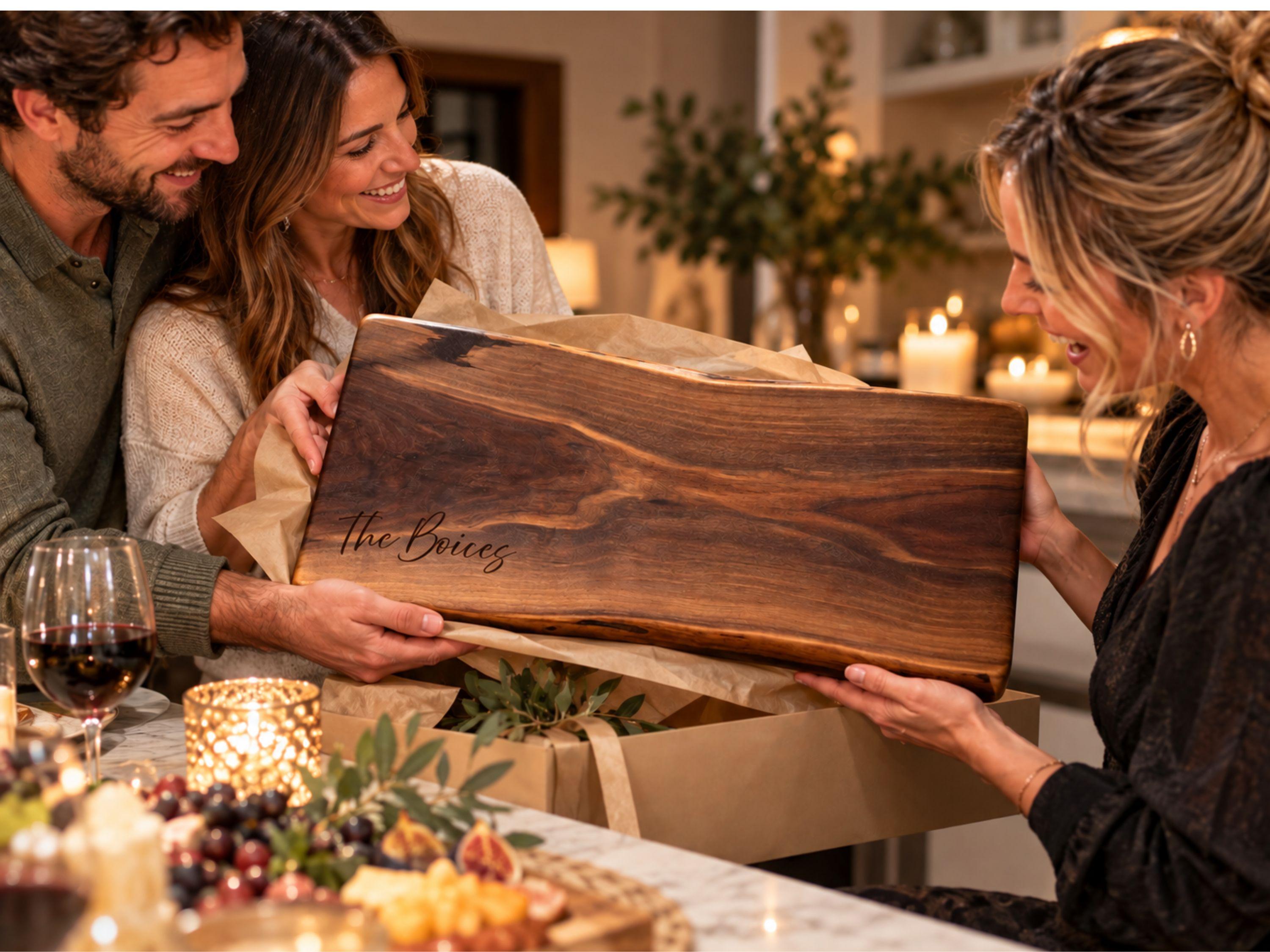 a live edge walnut charcuterie board presented at a gathering as a hostess gift